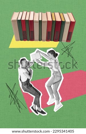 Vertical banner collage concept young couple lying down reading book together advertising book pile retro background