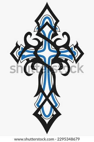 Tattoo And T Shirt Design Black And Blue Hand Drawing Holy Cross Vector Artwork