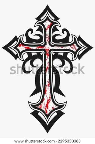 Tattoo And T Shirt Design Black And Splash Dirty Red Hand Drawing Holy Cross Vector Artwork