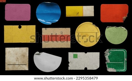 collection of blank old sticker, label, price tag template for mockup. isolated dirty, ripped, half peeled stickers Royalty-Free Stock Photo #2295358479