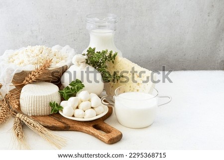Fresh dairy products (milk,  feta, cottage cheese, Mozzarella,yogurt, Buratta, cottage cheese).Symbols of jewish holiday - Shavuot	 Royalty-Free Stock Photo #2295368715