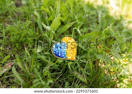 brooch in the form of a yellow-blue heart on a background of grass. colors of the flag of Ukraine, yellow-blue heart