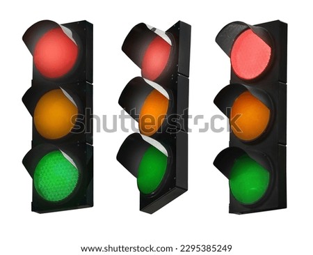 Collage of traffic signal with glowing lights (red, orange, green) isolated on white