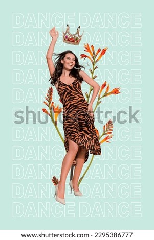 Poster discotheque concept collage of young carefree wear leopard print dress graceful royal crown club queen isolated on blue background