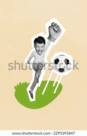 Vertical collage image of mini excited black white effect guy leg kick football raise big arm fist isolated on beige background