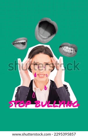 Photo conceptual society bullying migraine mouth talking screaming bad feedback stop pressure isolated on green color plaid background