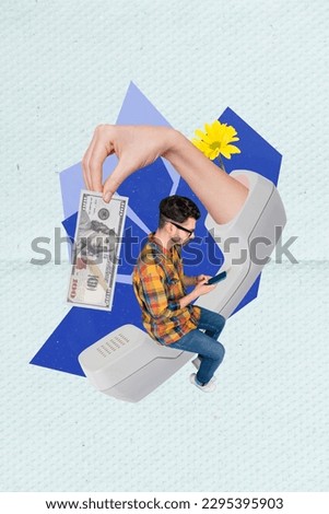 Photo picture collage young guy sit on big telephone handset earn money consulting creative graphical montage background