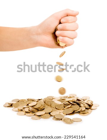 Falling Coins out of hand Isolated on white background