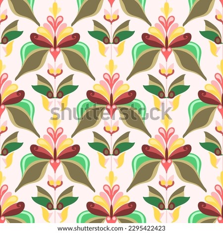 Seamless floral pattern art deco boho ornament with decretive abstract flowers and leaves. Geometric ornament for print, digital paper, packaging, wallpaper, fabric, background site. 