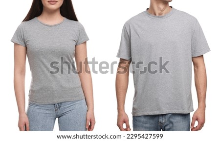 People wearing grey t-shirts on white background, closeup. Mockup for design Royalty-Free Stock Photo #2295427599