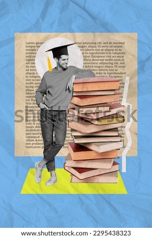 Vertical collage picture of mini black white colors guy big pile stack book isolated on blue background