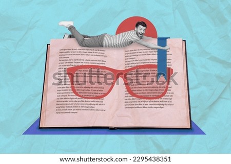 Creative collage picture of mini positive black white effect guy top huge opened book painted glasses isolated on blue background