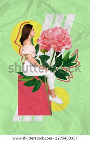 Vertical collage image of mini pretty girl huge fresh flower isolated on creative green background