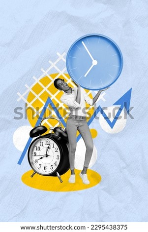 Vertical collage picture of mini astonished person hold big wall watch bell ring clock growing arrow upwards isolated on drawing background
