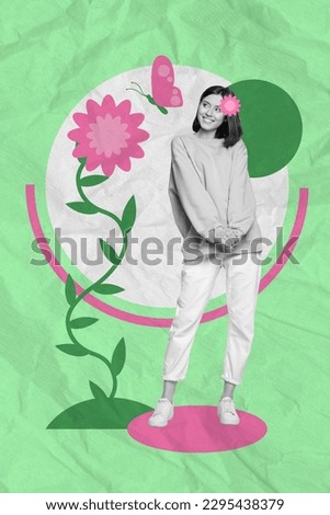 Vertical collage picture of mini black white effect girl big drawing flower flying butterfly isolated on green background