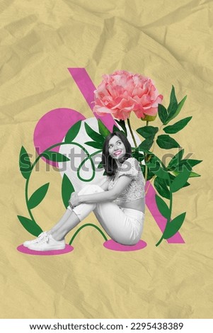 Banner magazine picture collage of beautiful beauty lady dreamy sitting pink peony flower enjoy spring day