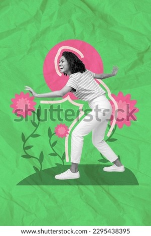 Drawing template picture collage of funky young lady having fun outdoors with pink flowers on spring day
