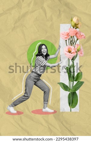 Vertical collage image of mini black white effect girl push big fresh rose flower isolated on painted background