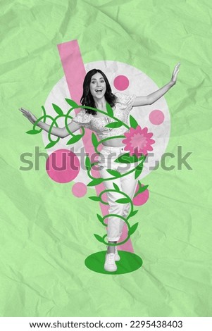 Vertical collage picture of cheerful black white effect girl tied painted flower isolated on green background