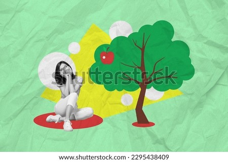 Creative image template collage of young lady dreaming growing apple harvesting tree on spring sunny day