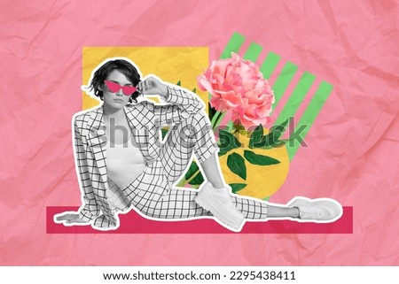Creative magazine template picture collage of cool corporate lady worker celebrate 8 march occasion with pink peony