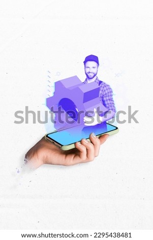 Collage of young mechanic worker google assistant wear uniform hold cogwheel repairing smartphone application hologram isolated on white background