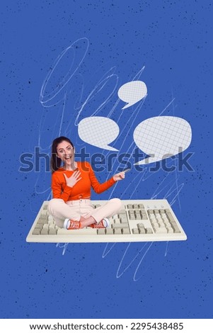 Vertical creative photo illustration collage of ecstatic satisfied girl sitting on keyboard typing messages isolated on blue background