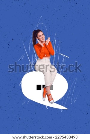 Vertical creative photo 3d collage of impressed positive girl sitting on dialog message cloud chatting isolated on blue background