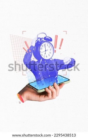 Funny creative collage of headless man absurd timer deadline job hologram google assistant futuristic smartphone visual isolated on white background Royalty-Free Stock Photo #2295438513