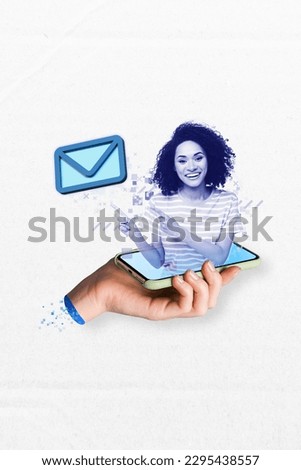 Vertical photo collage of young girl hologram virtual template inside phone display incoming message email icon isolated on white background