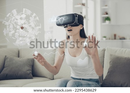 Creative unusual collage image of shocked woman sitting at home using vr box touch display virtual reality decide business work