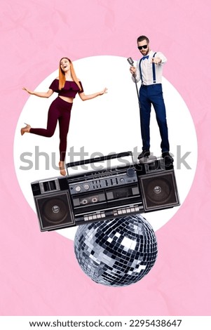 Vertical photo collage of young woman dancing listen song singer performer guy wear suspenders cassette player disco ball isolated on pink background
