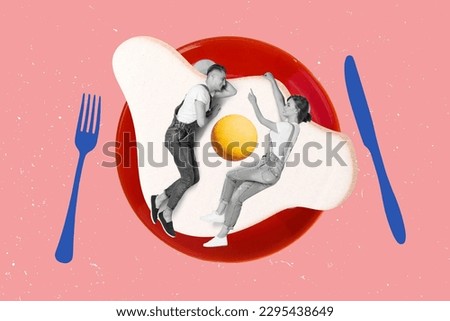 Collage picture of two mini black white effect people laying huge fried egg plate knife fork isolated on pink background