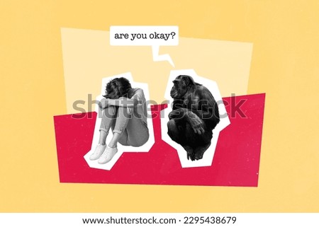 Composite collage picture of black white effect monkey ask unsatisfied girl are you okay isolated on beige background