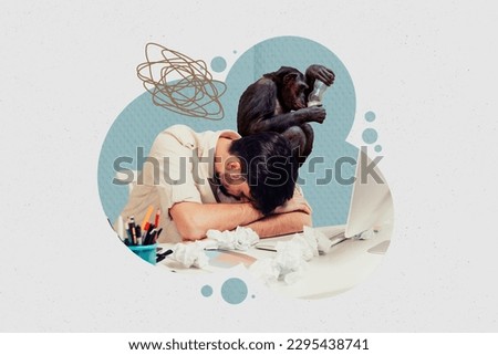 Composite collage picture image of tired exhausted man fatigue overworked monkey dreaming imagine exotic country resort vacation weekend