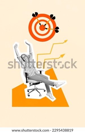 Vertical collage picture of positive black white gamma aged lady sit chair enjoy success growing arrow upwards darts board