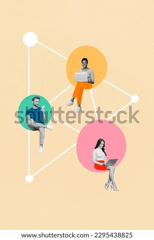 Vertical collage picture of black white effect people use gadgets netbook telephone chatting isolated on painted beige background