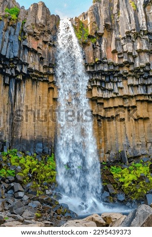 Wonderful and high Svartifoss waterfall with black basalt columns in South Iceland, details, closeup