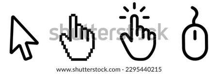 Computer mouse click cursor. Pointer cursor. Cursors icons click set. Clicking cursor, pointing hand clicks icons.