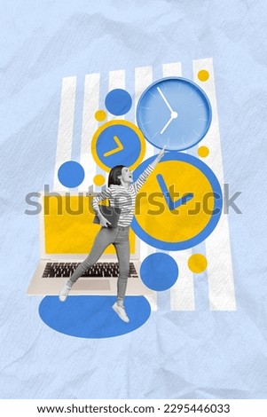 Creative painting pop collage of determined business lady worker using technology netbook hurry deadline timer
