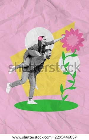 Creative painting picture collage of funky two people wife husband enjoying fun weekend on spring time day