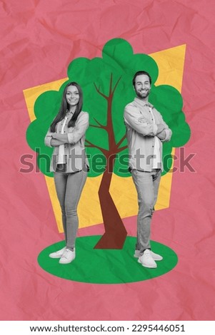 Painting drawing magazine collage of confident wife husband people with crossed hands successful gardener protect green trees