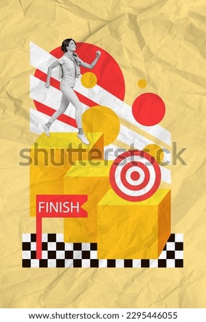 Creative pop poster collage of triumphant young lady run fast on pedestal winning award trophy