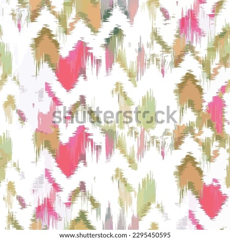 Watercolor textured seamless ikat pattern with pink and green tie dye ethnic background elements