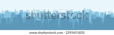 Big city skyline blue banner with silhouettes of faceless high-rise buildings or city blocks and flying plane vector illustration