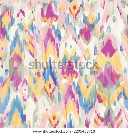 Yellow, blue and pink tie dye design, seamless ikat pattern with ethnic elements
