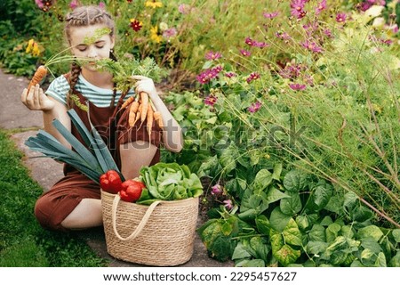 A cute teenage girl holding a bunch of carrots sitting with a basket full of fresh vegetables just plucked from the garden. Eco lifestyle. Organic farm food harvest concept.