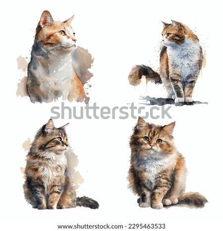 Watercolor cute funny cats on the white background. Graphic for fabric,tee-shirt, postcard, greeting card, book, poster, sticker
