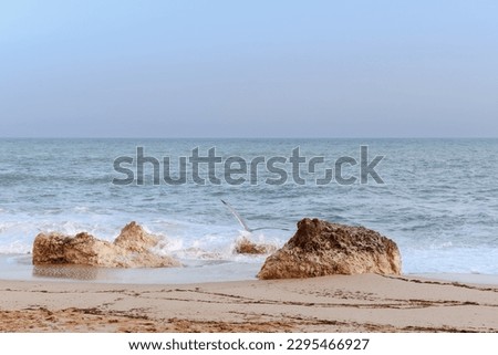 Large rock sticking out of the ocean next to a beach