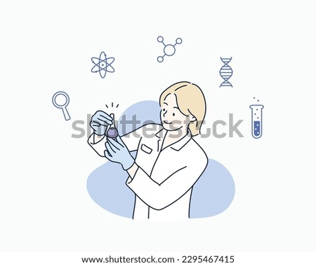 Female scientist in lab checking chemical reaction from beaker. Hand drawn style vector design illustrations. Royalty-Free Stock Photo #2295467415